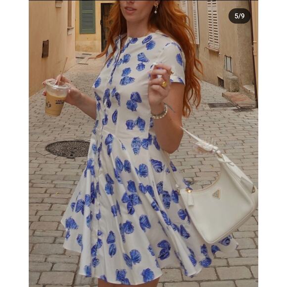 Zara White & Blue 100% Cotton Seashell Print Dress Button Down Fit & Flare Large - Picture 1 of 11